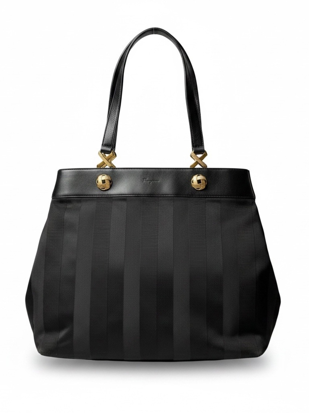 Salvatore Ferragamo Black Striped Tote with Gold-Tone Accents